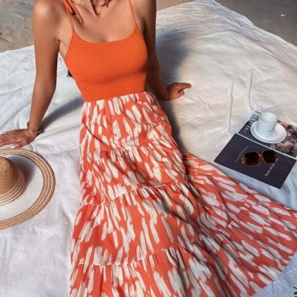 SHEIN Orange Brush Print Bow Shoulder Cami Dress